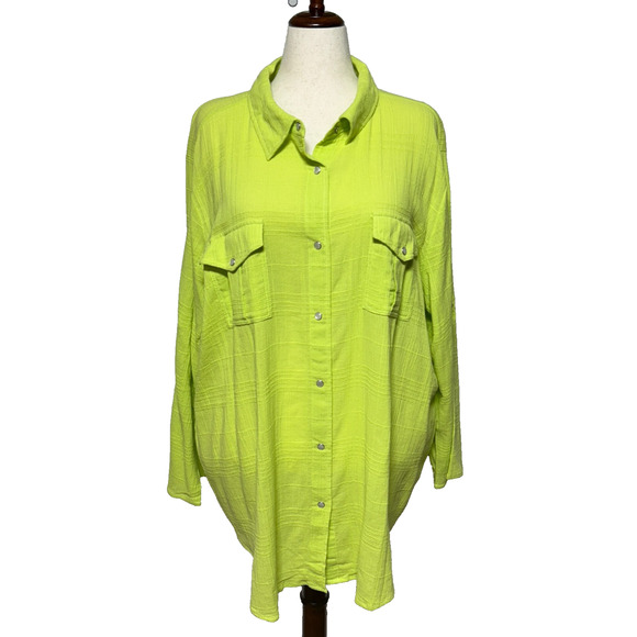 Women Within Top 2X-26-28 Lime Green Textured Pearl Snap Button Roll Tab NWT - Picture 1 of 10